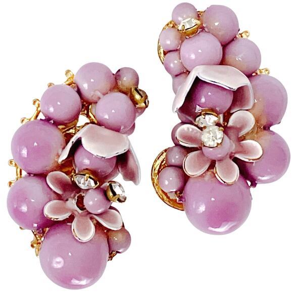 VTG 1950s Mid Century Earrings Purple Lavender Lucite Floral Clip On Colorful - Picture 1 of 10